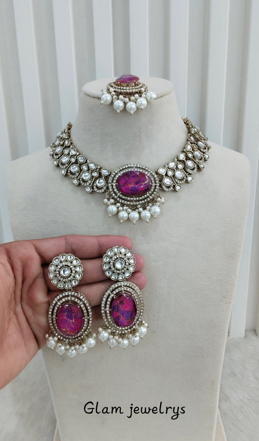 Majenta Antique Gold Kundan Necklace Indian Jewellery Wanted Set