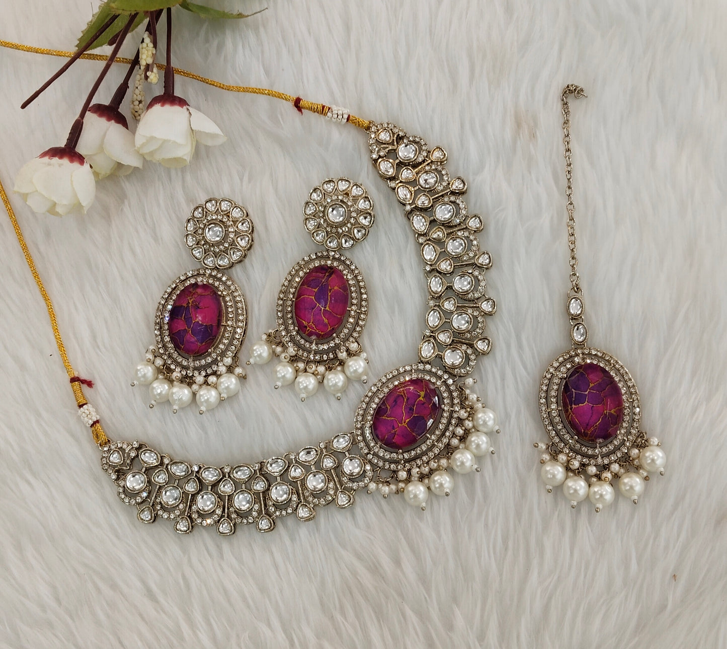 Majenta Antique Gold Kundan Necklace Indian Jewellery Wanted Set