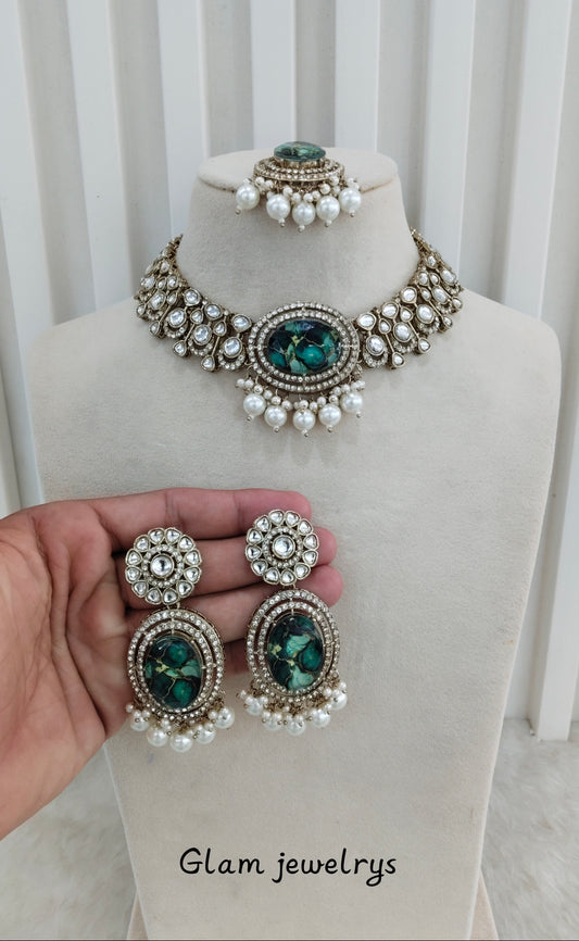Green Antique Gold Kundan Necklace Indian Jewellery Wanted Set