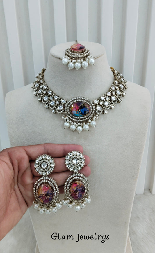 Multi Color Antique Gold Kundan Necklace Indian Jewellery Wanted Set