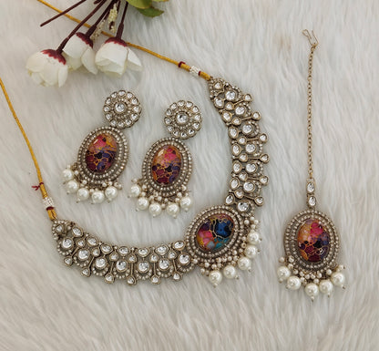 Multi Color Antique Gold Kundan Necklace Indian Jewellery Wanted Set