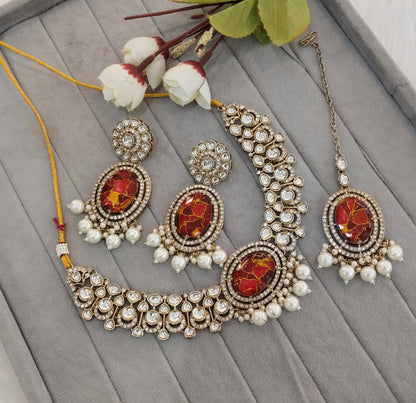 Maroon Antique Gold Kundan Necklace Indian Jewellery Wanted Set