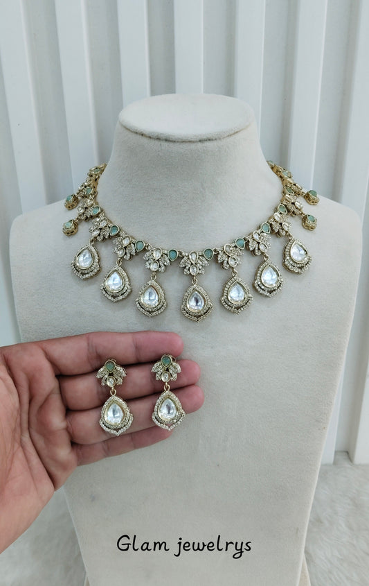 Sea Green Gold Moissanite Kundan Necklace Indian Jewellery Szunki Set