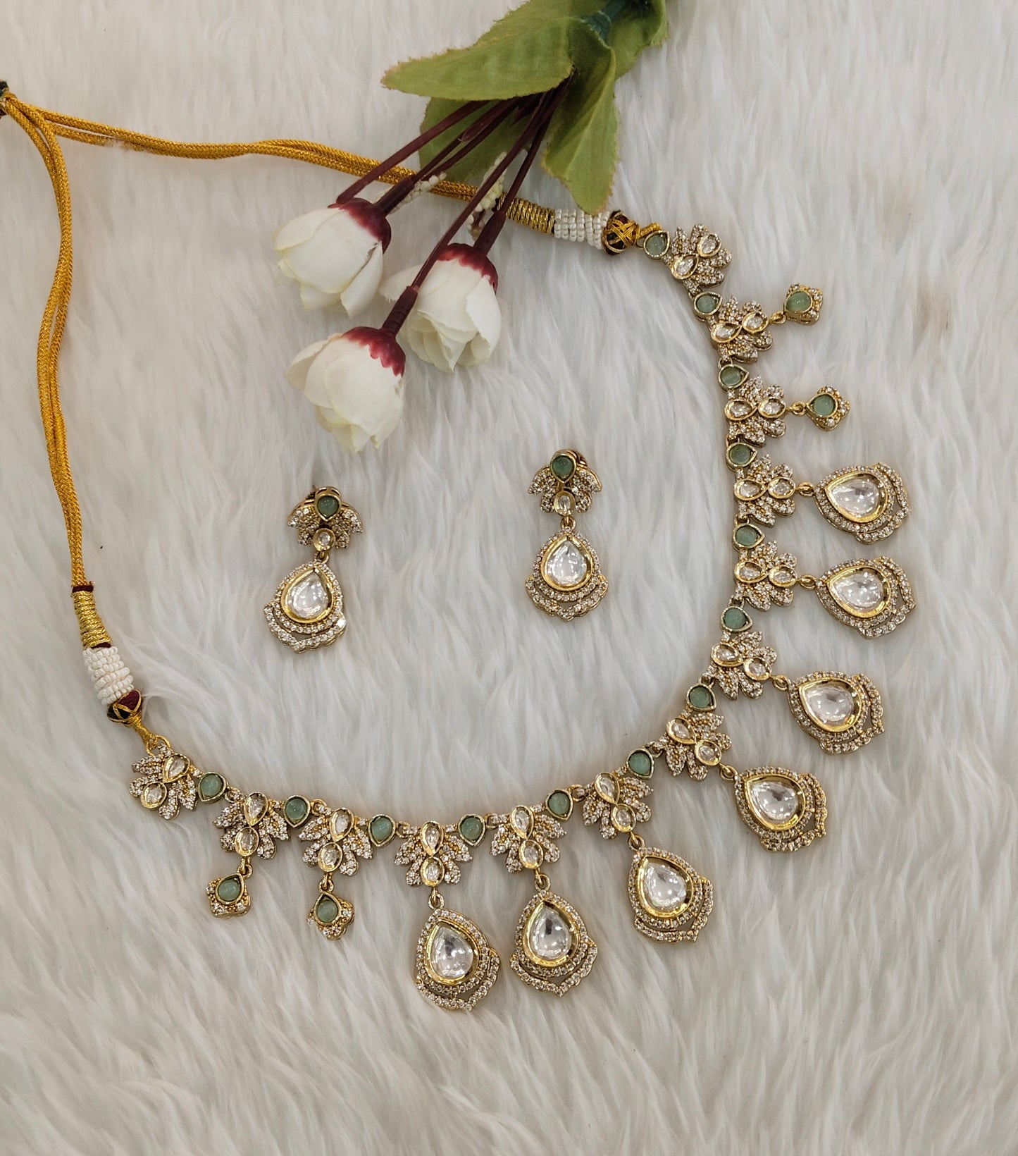 Sea Green Gold Moissanite Kundan Necklace Indian Jewellery Szunki Set