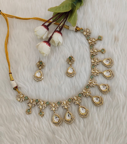 Sea Green Gold Moissanite Kundan Necklace Indian Jewellery Szunki Set