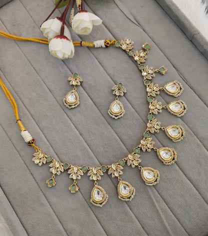 Sea Green Gold Moissanite Kundan Necklace Indian Jewellery Szunki Set