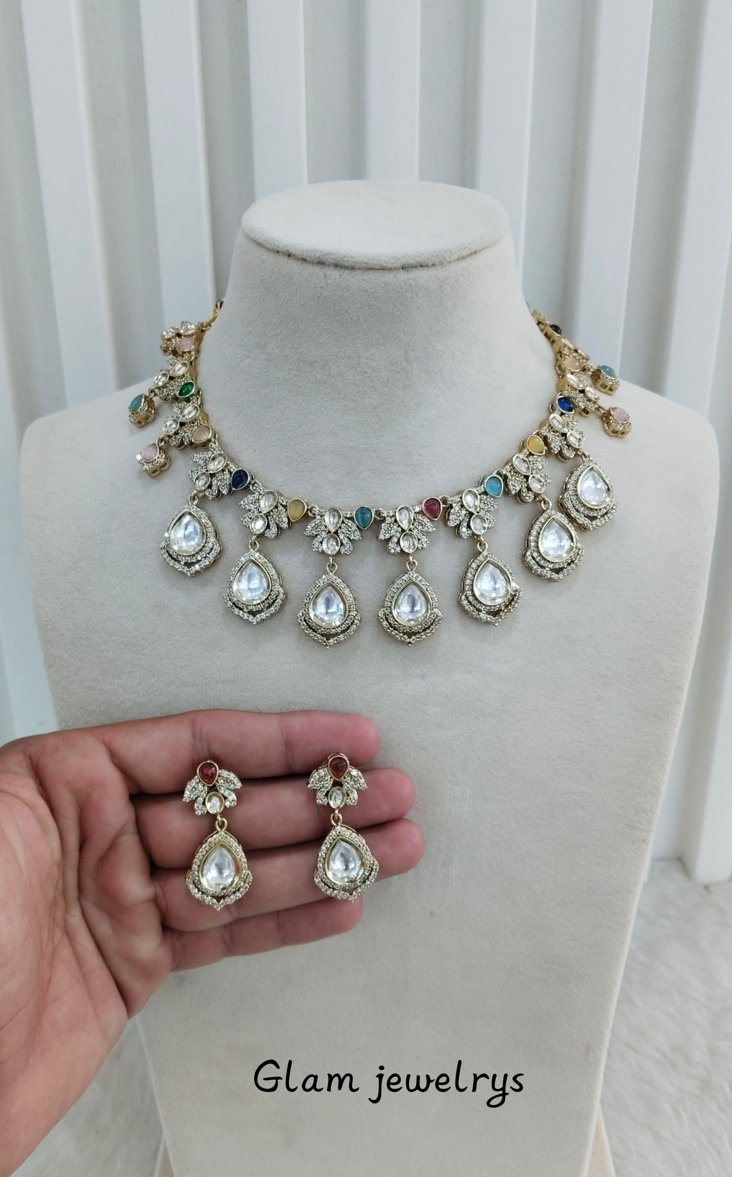 Multi Color Gold Moissanite Kundan Necklace Indian Jewellery Szunki Set