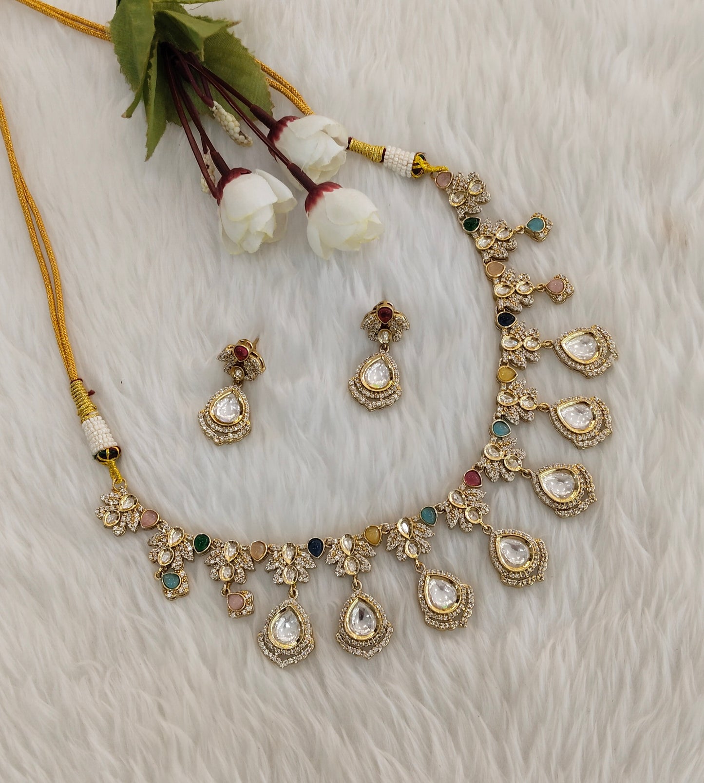 Multi Color Gold Moissanite Kundan Necklace Indian Jewellery Szunki Set
