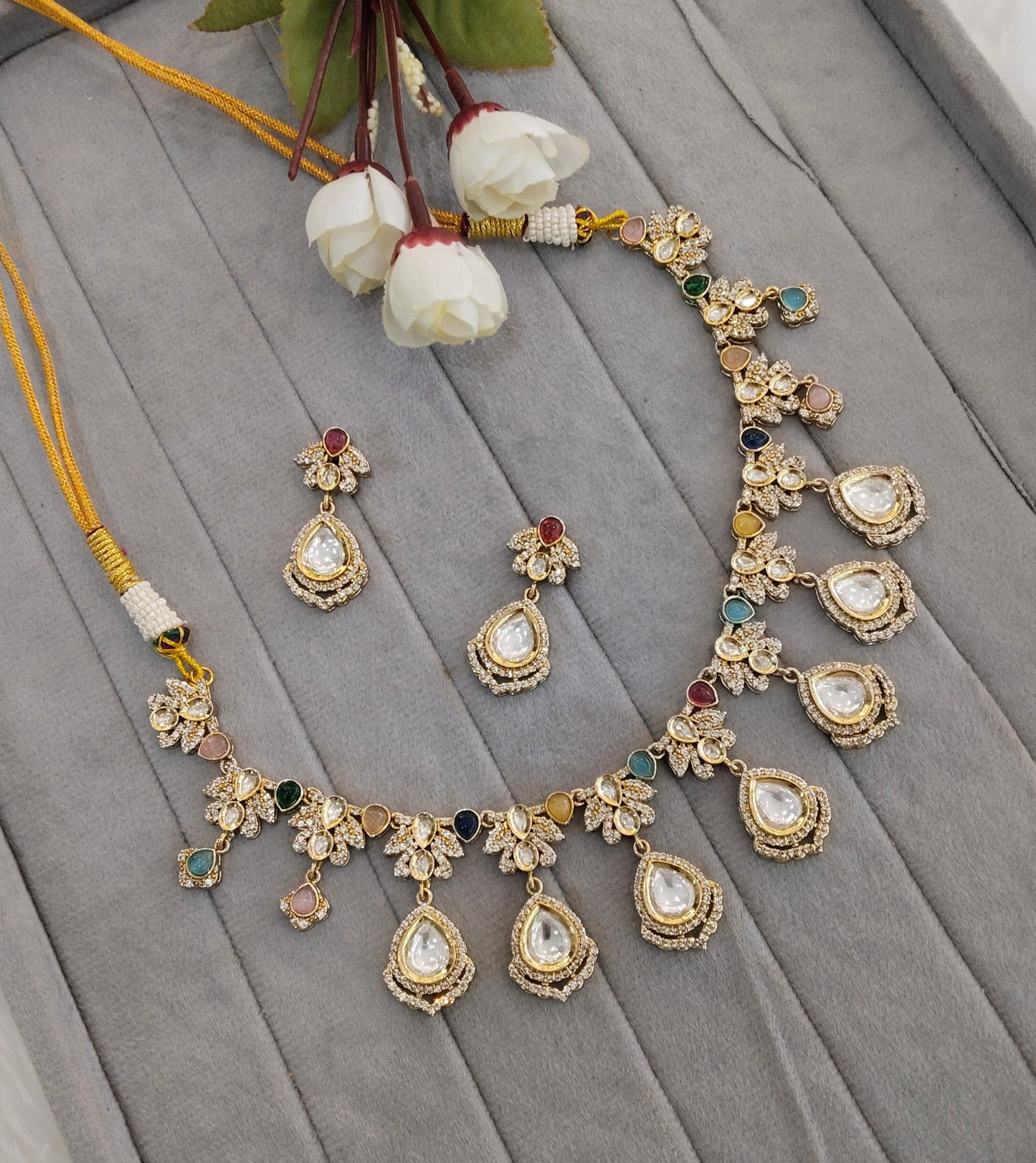 Multi Color Gold Moissanite Kundan Necklace Indian Jewellery Szunki Set