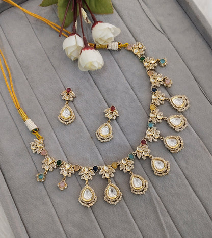 Multi Color Gold Moissanite Kundan Necklace Indian Jewellery Szunki Set