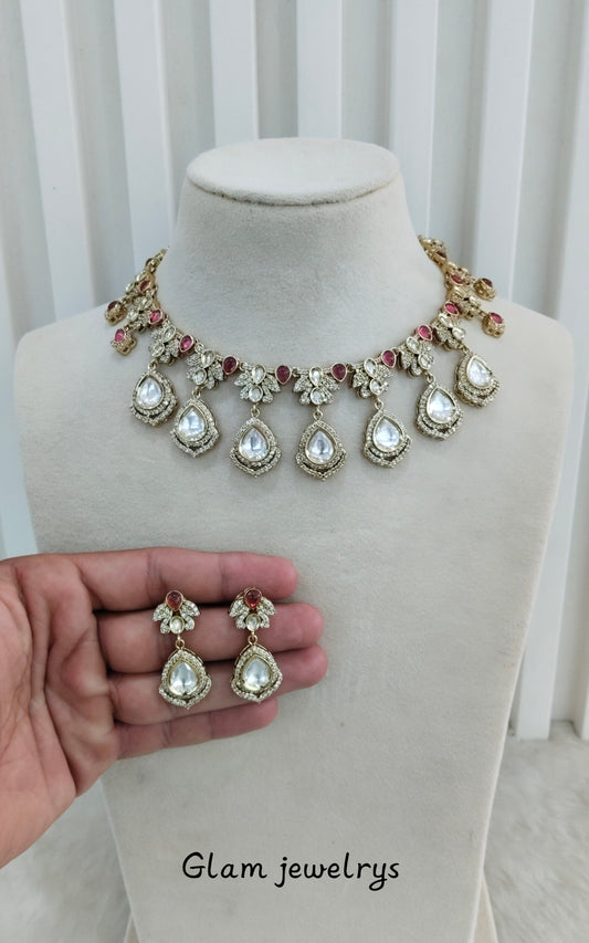 Ruby Gold Moissanite Kundan Necklace Indian Jewellery Szunki Set