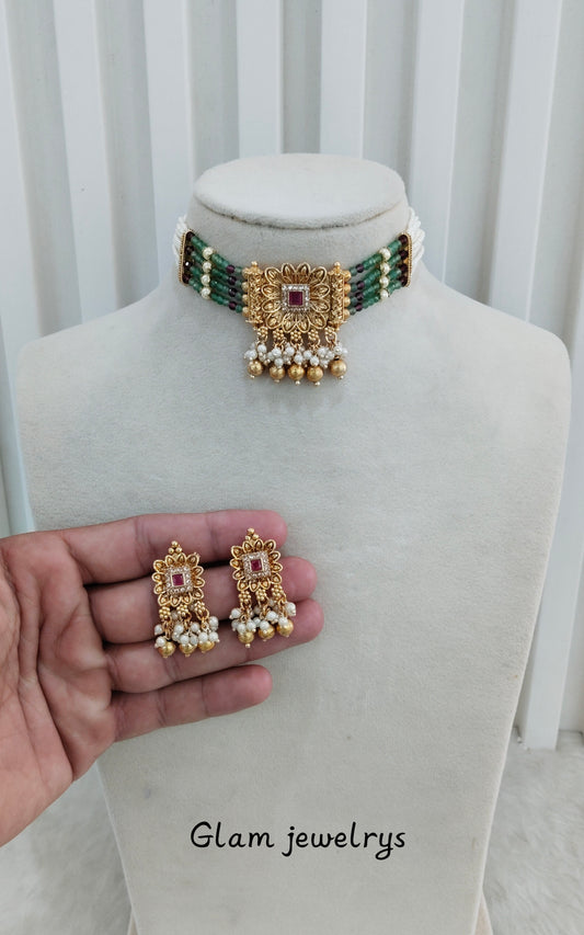 Ruby Sage Green Gold Polki Choker Indian Jewellery Udham Set