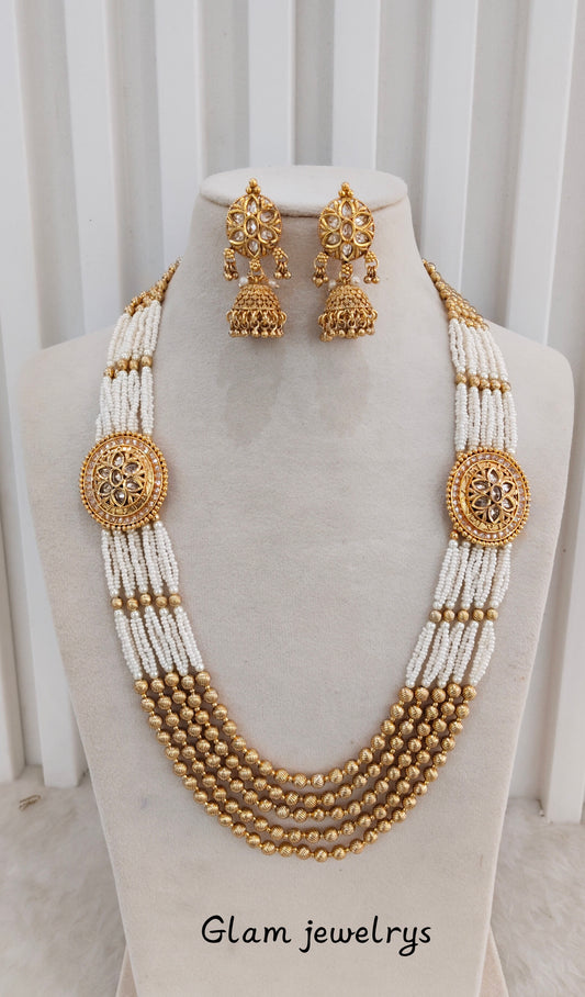 Gold Polki Long Layered Necklace Indian Jewellery Udham Set