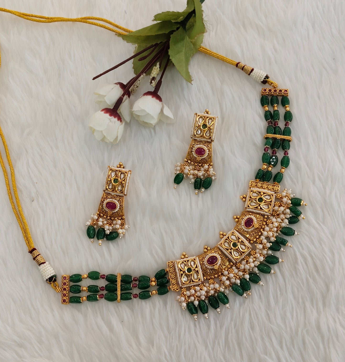 Ruby Green Gold Polki Necklace Indian Jewellery Udham Set
