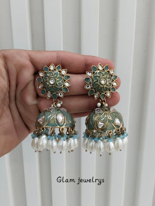 Sea Green Antique Gold jhumka Bollywood Indian Shota Earrings