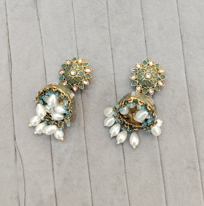 Sea Green Antique Gold jhumka Bollywood Indian Shota Earrings