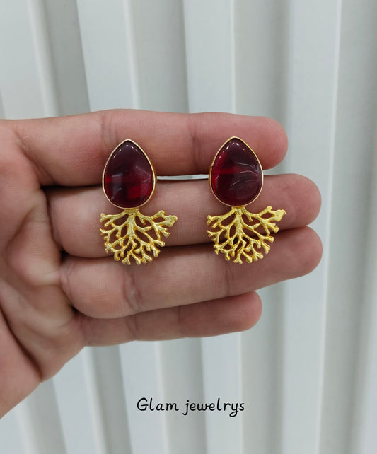 Maroon Gold Mother Of Pearl Bollywood Indian Bhullar Earrings