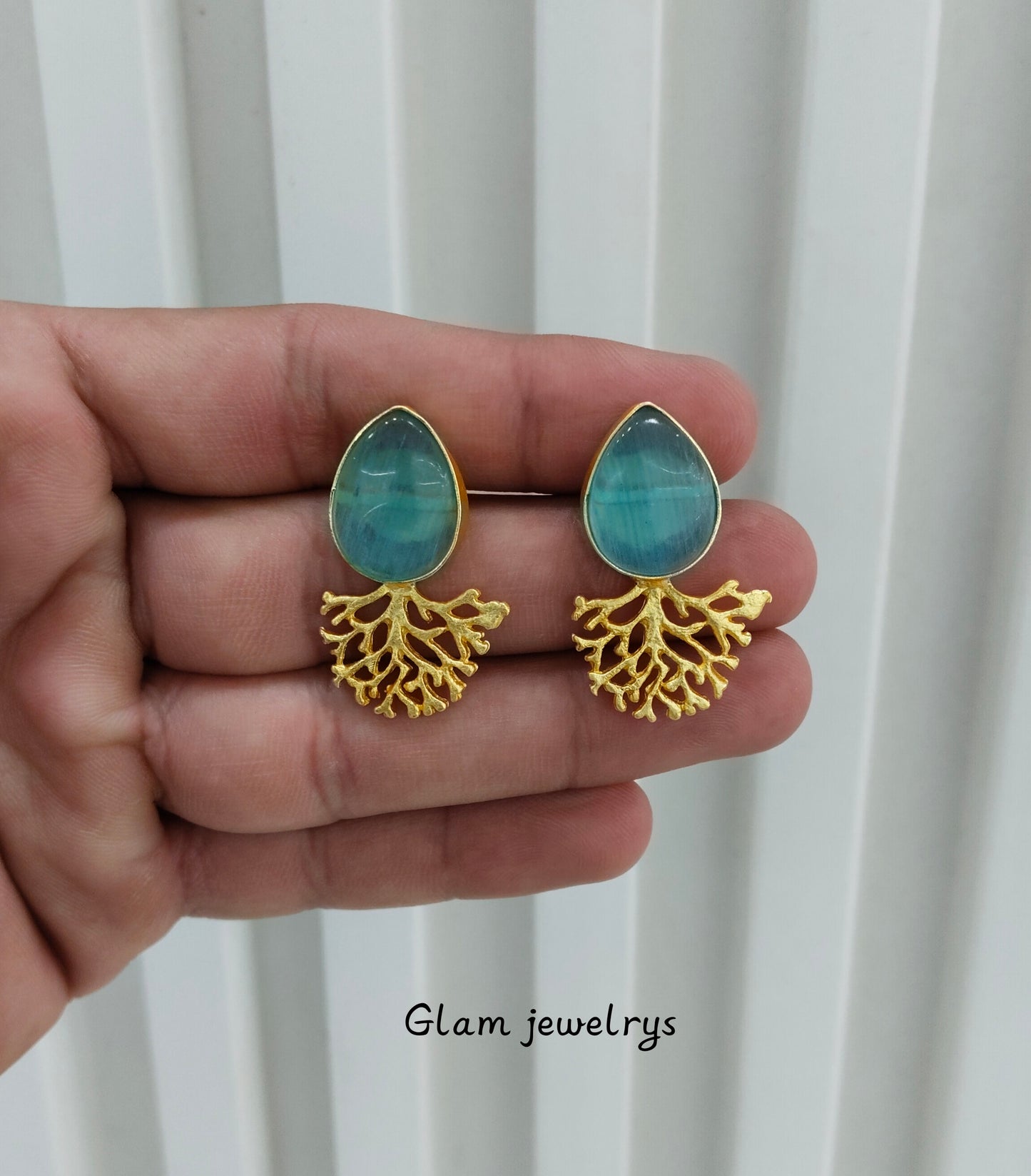 Sky Blue Gold Mother Of Pearl Bollywood Indian Bhullar Earrings