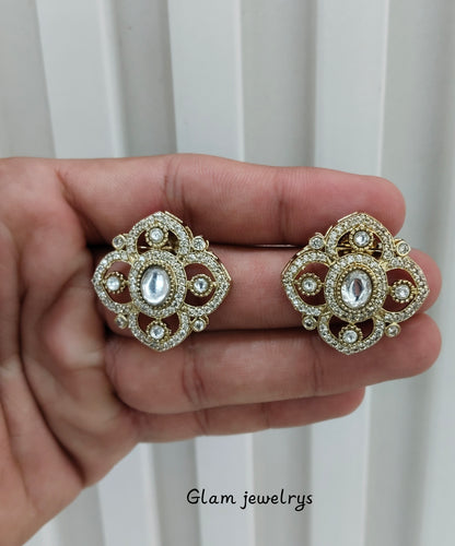 Gold Moissanite Kundan Bollywood Indian Dhillon Earrings