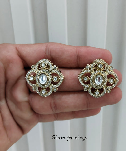 Gold Moissanite Kundan Bollywood Indian Dhillon Earrings