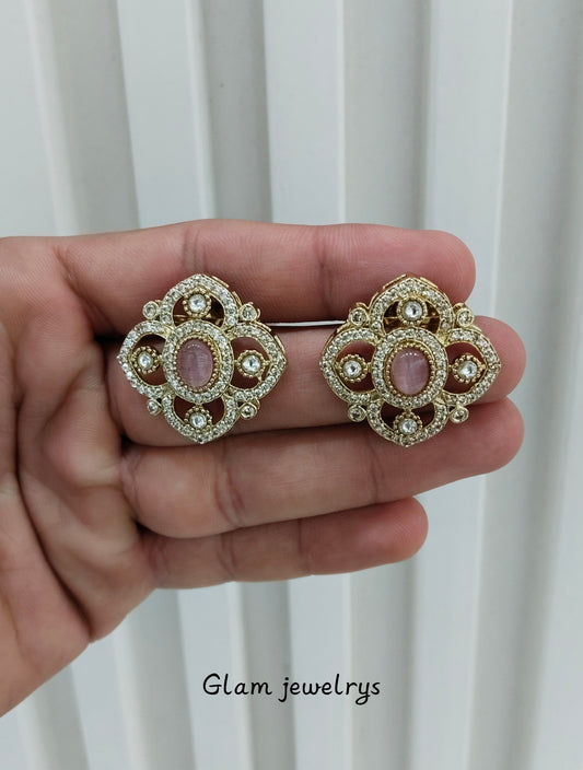Pink Moissanite Kundan Bollywood Indian Dhillon Earrings