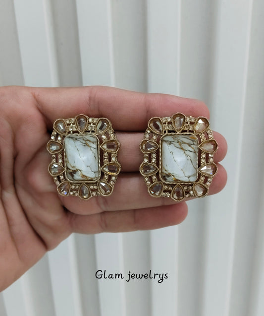White Antique Gold Bollywood Indian Jandu Earrings