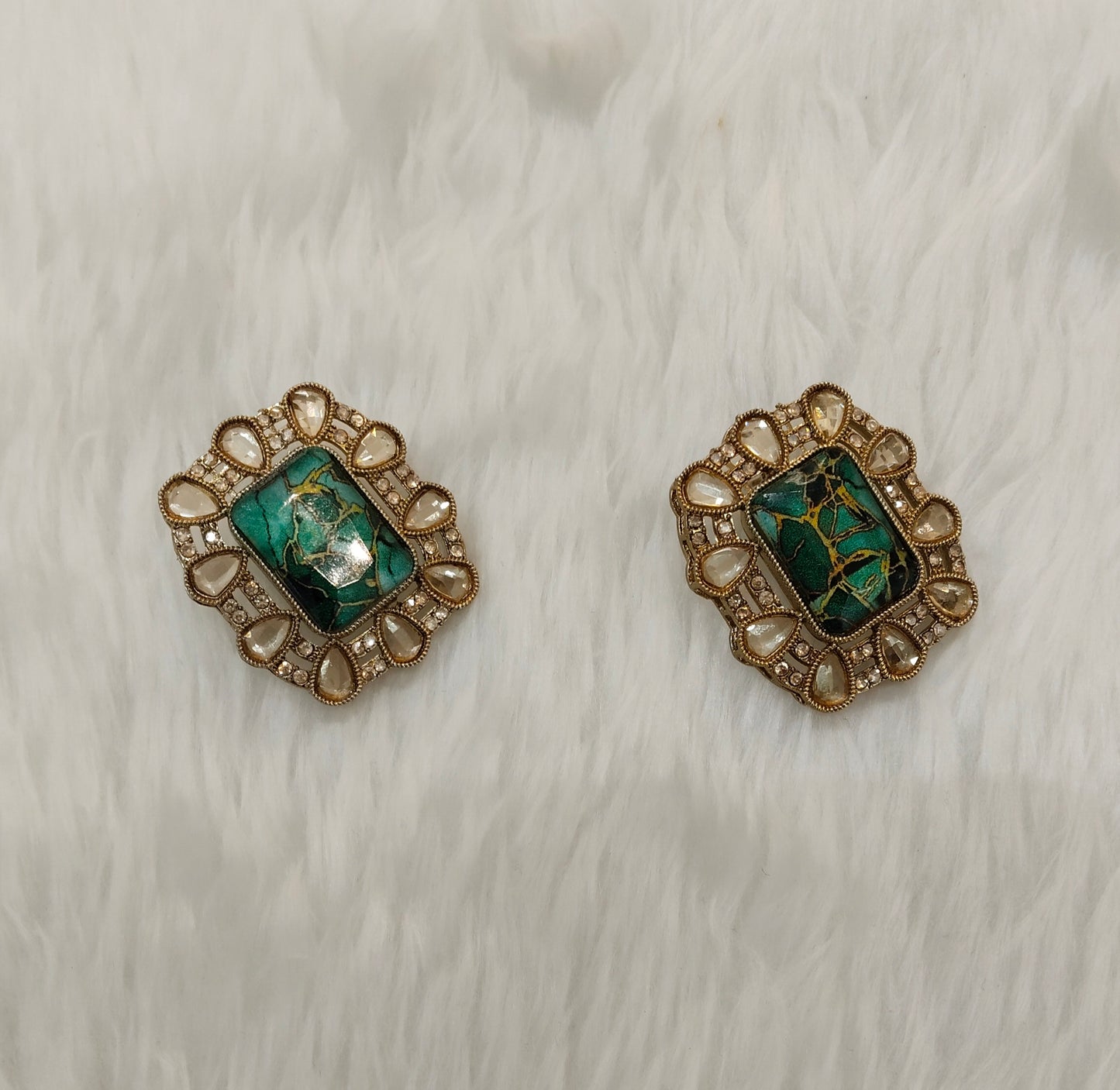 Green Antique Gold Bollywood Indian Jandu Earrings