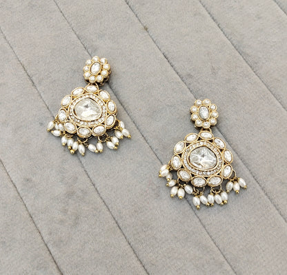 White Antique Gold Bollywood Indian Jandu Earrings