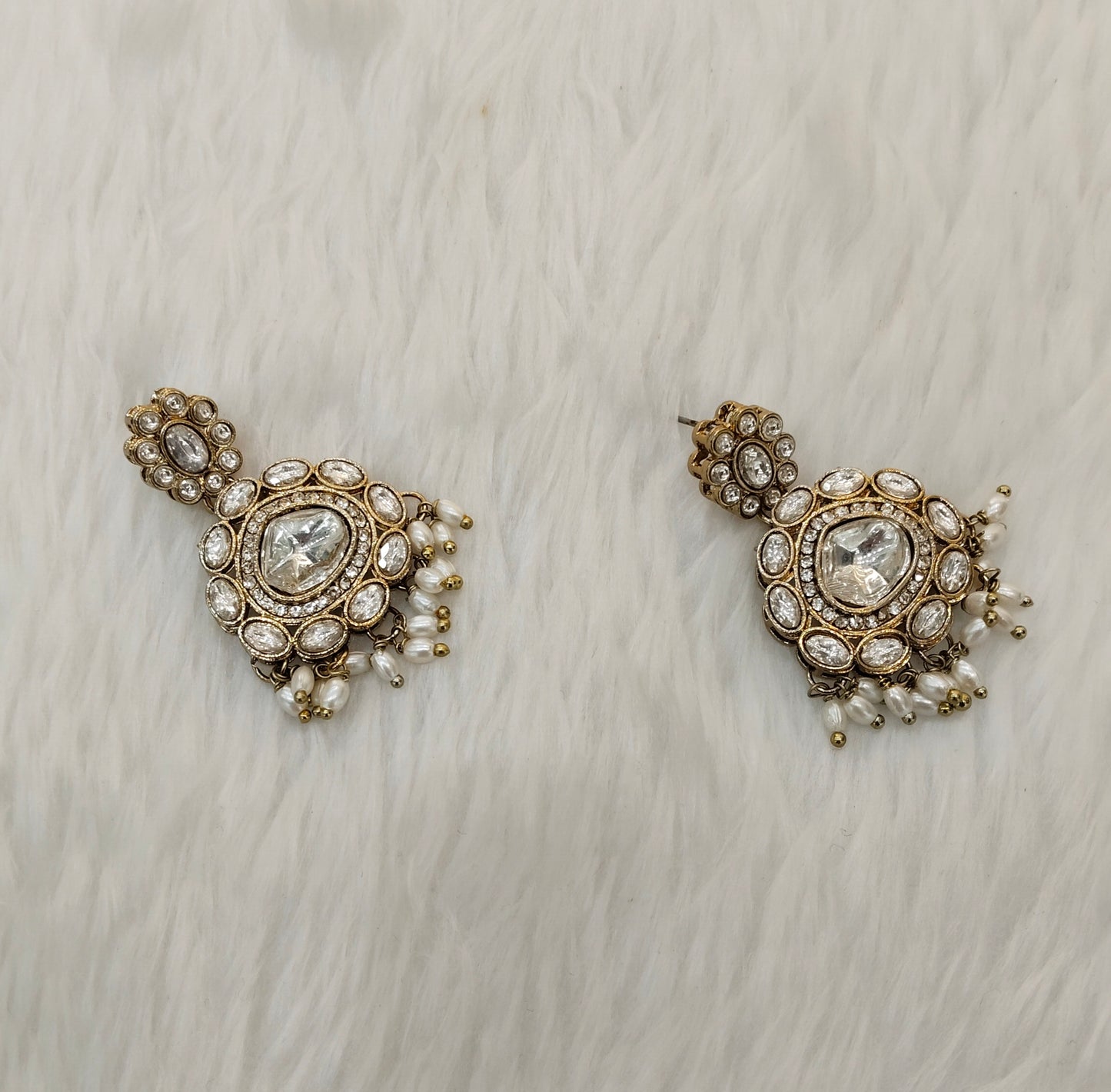 White Antique Gold Bollywood Indian Jandu Earrings