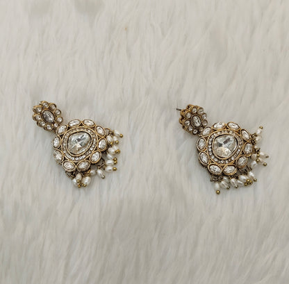 White Antique Gold Bollywood Indian Jandu Earrings