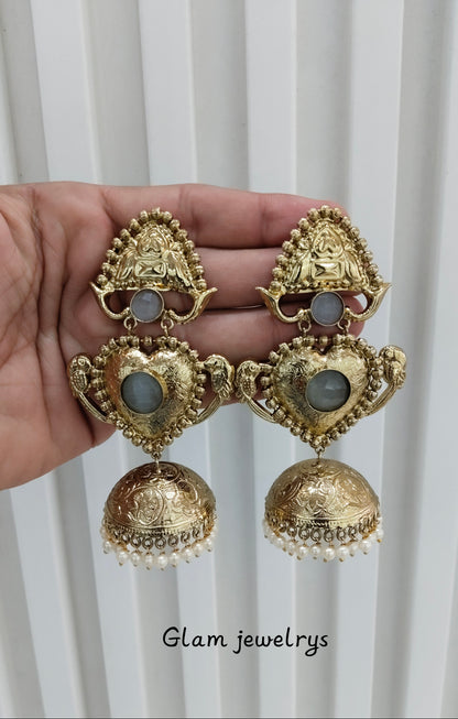 Grey Antique Gold Bollywood Indian Sidhu Earrings
