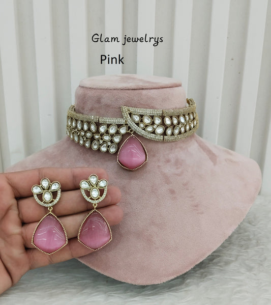 Pink Gold Moissanite Kundan Choker Indian Jewellery Dhaliwal Set