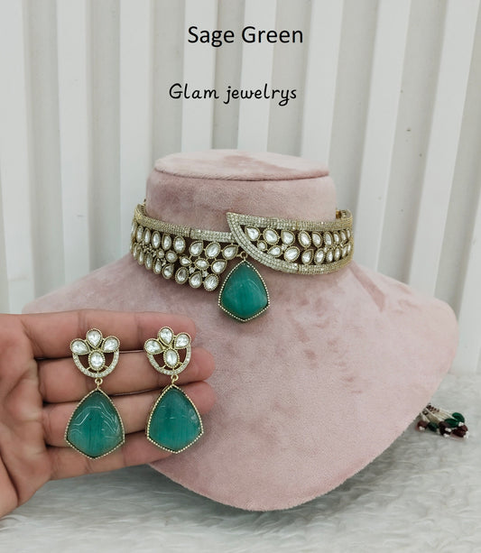 Sage Green Gold Moissanite Kundan Choker Indian Jewellery Dhaliwal Set