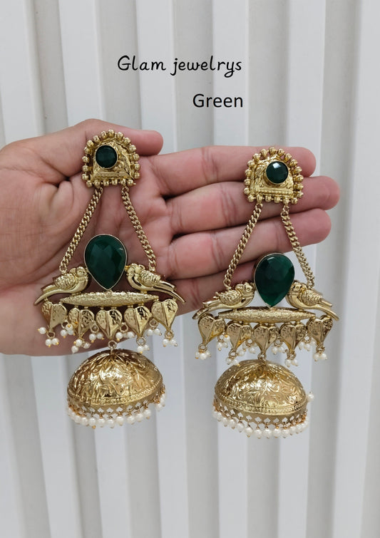 Green Antique Gold Jhumka Indian Bollywood Keshav Earrings