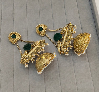 Green Antique Gold Jhumka Indian Bollywood Keshav Earrings