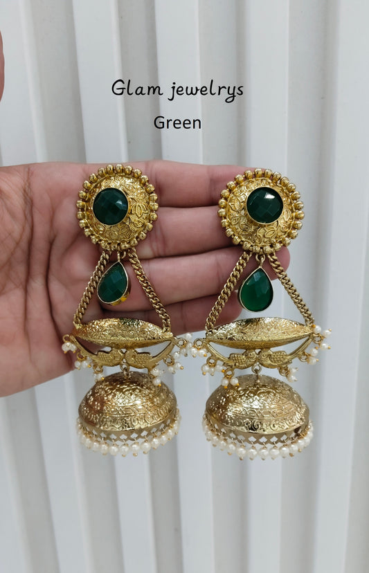 Green Antique Gold Jhumka Indian Bollywood Keshav Earrings