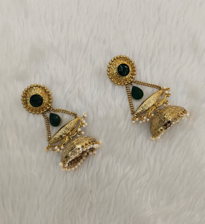 Green Antique Gold Jhumka Indian Bollywood Keshav Earrings
