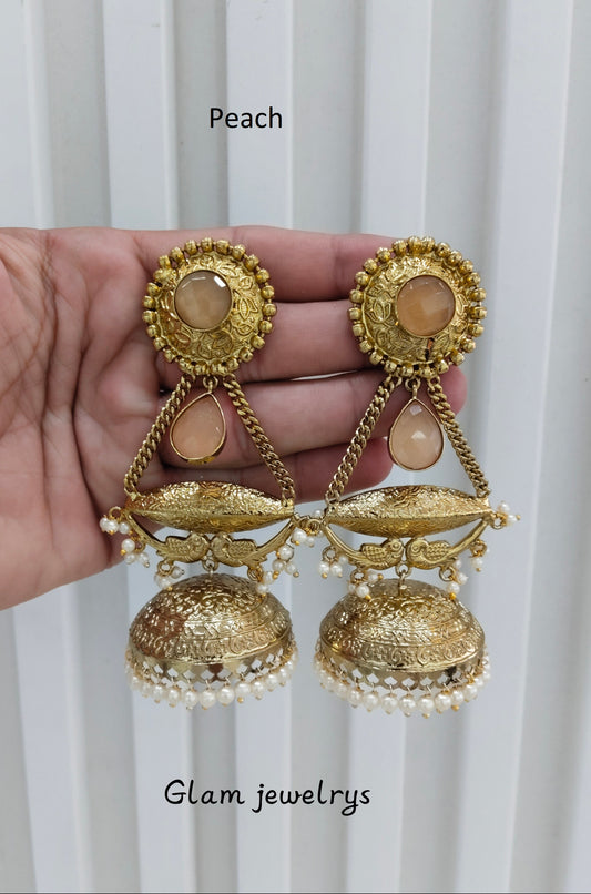 Peach Antique Gold Jhumka Indian Bollywood Keshav Earrings