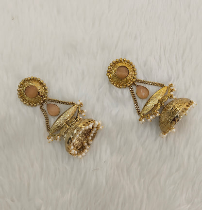 Peach Antique Gold Jhumka Indian Bollywood Keshav Earrings