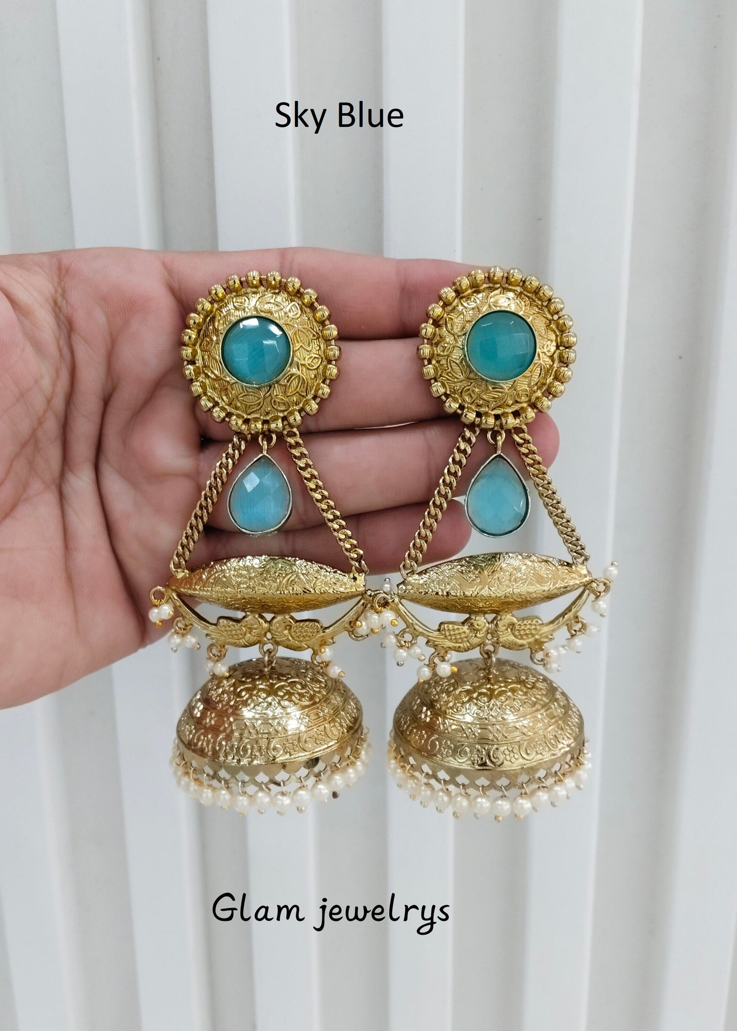 Sky Blue Antique Gold Jhumka Indian Bollywood Keshav Earrings