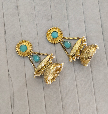 Sky Blue Antique Gold Jhumka Indian Bollywood Keshav Earrings