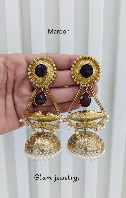 Maroon Antique Gold Jhumka Indian Bollywood Keshav Earrings
