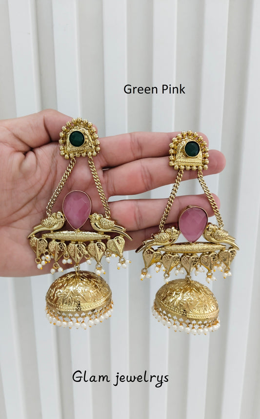 Pink Green Antique Gold Jhumka Indian Bollywood Keshav Earrings