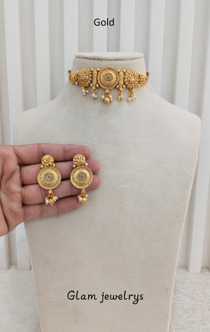 Gold Polki Choker Indian Jewellery Bini Set