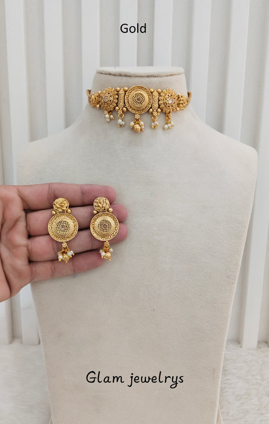 Gold Polki Choker Indian Jewellery Bini Set