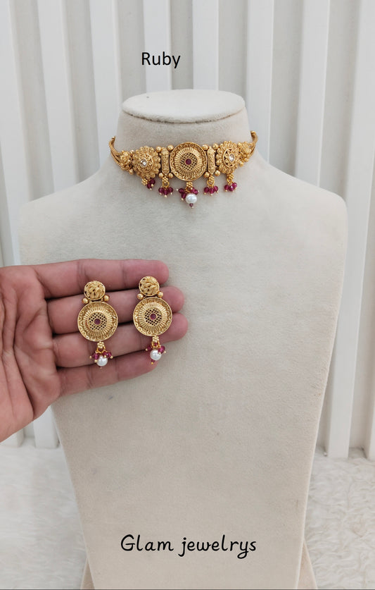 Ruby Gold Polki Choker Indian Jewellery Bini Set