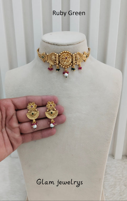 Ruby Green Gold Polki Choker Indian Jewellery Bini Set