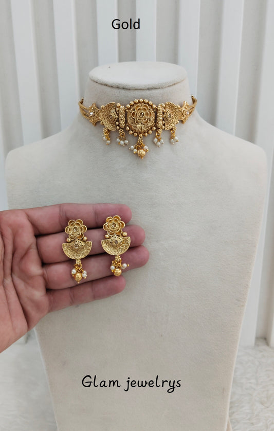 Gold Polki Choker Indian Jewellery Bini Set