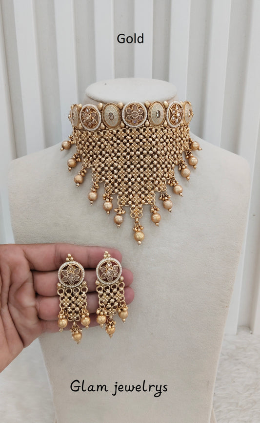 Gold Polki Choker Indian Jewellery Bini Set