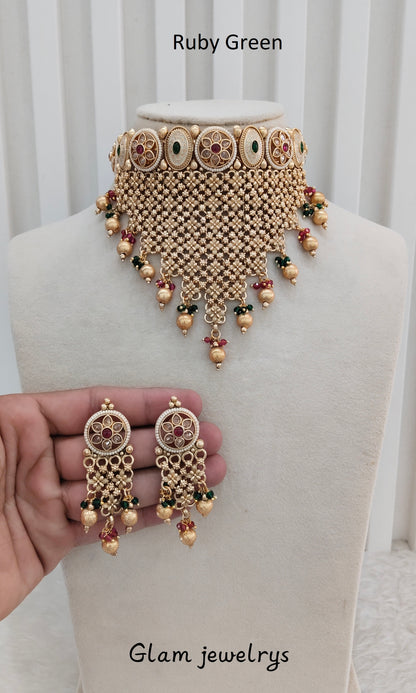 Ruby Green Gold Polki Choker Indian Jewellery Bini Set